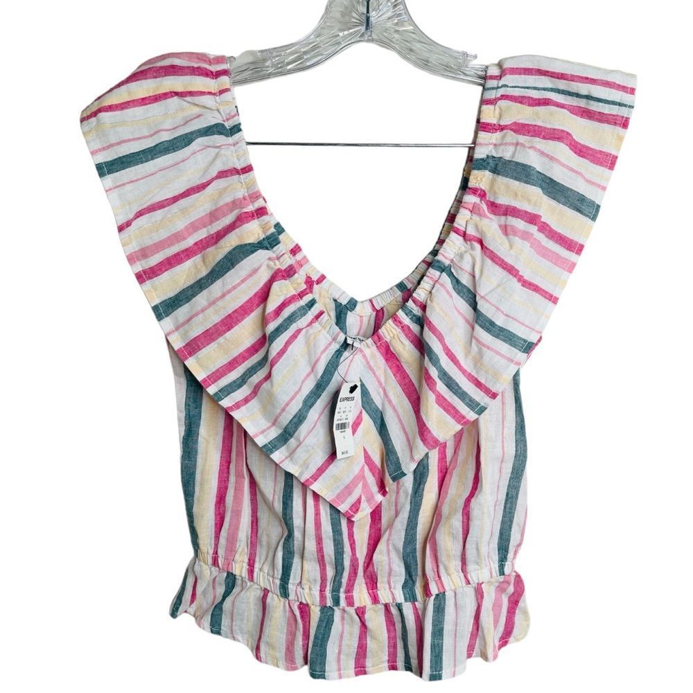 Express Striped Peplum Crop Top Ruffle Shoulders Linen Spring NWT